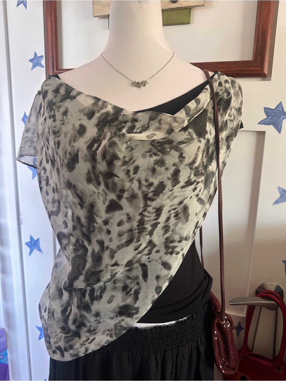 Suzy Shier Snow Leopard Sheer Abstract Top